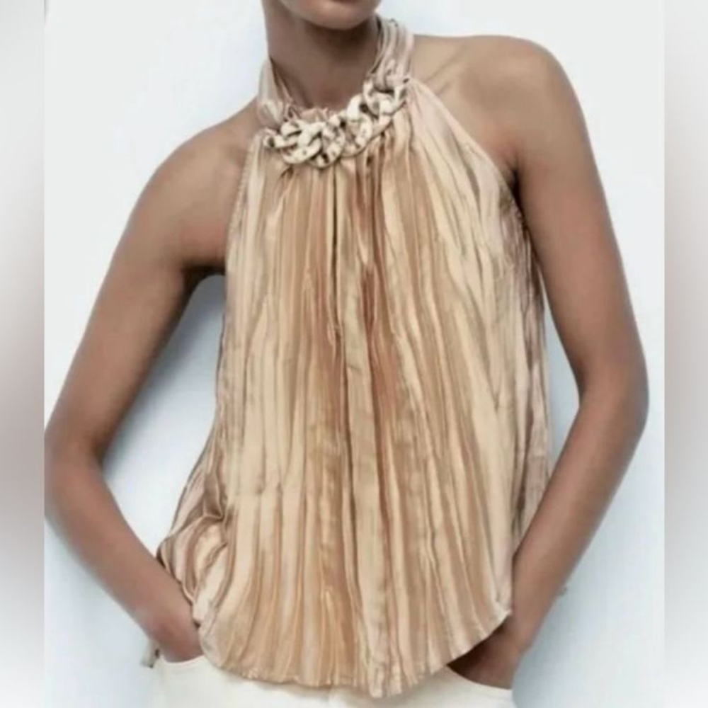 NWT ZARA PLEATED BLUSH SLEEVELESS TOP W/CHAIN LINK DETAIL